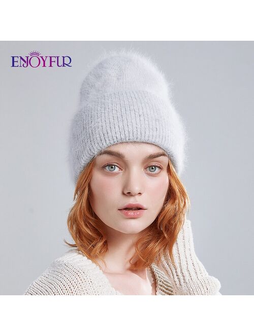 ENJOYFUR Winter hats for women warm long rabbit fur hair female caps fashion solid colors wide cuff young style beanies