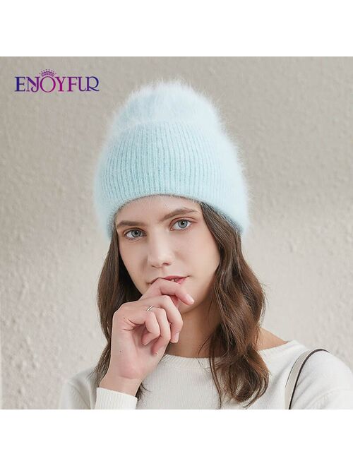 ENJOYFUR Winter hats for women warm long rabbit fur hair female caps fashion solid colors wide cuff young style beanies