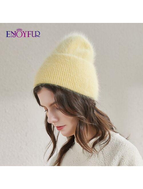 ENJOYFUR Winter hats for women warm long rabbit fur hair female caps fashion solid colors wide cuff young style beanies