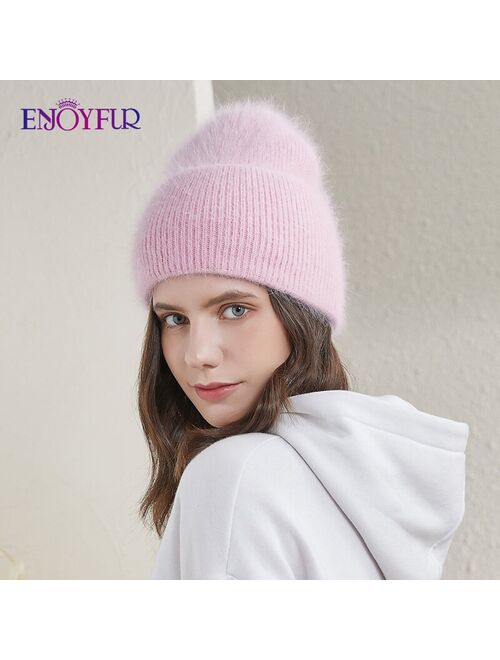 ENJOYFUR Winter hats for women warm long rabbit fur hair female caps fashion solid colors wide cuff young style beanies