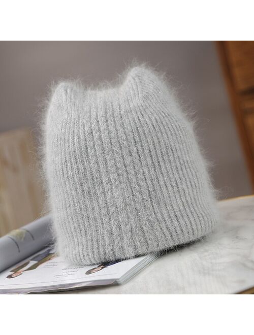 oZyc Warm lovely Winter Knitted Hats for Women Casual Soft Warm Angola Rabbit Fur Beanie hats for glris lady Bonnet Gorros