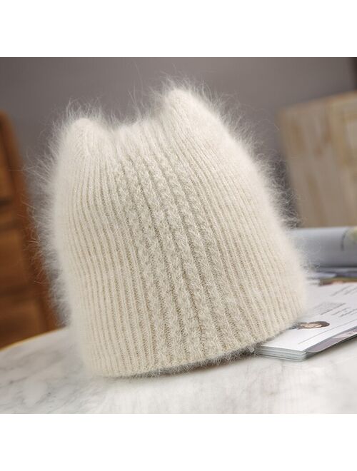 oZyc Warm lovely Winter Knitted Hats for Women Casual Soft Warm Angola Rabbit Fur Beanie hats for glris lady Bonnet Gorros