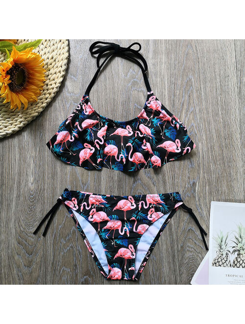 5-14 Years Girl Swimsuit Kids Tropical Avocado Print Teenage Girl Bikini Set Halter Top Girls Bathing Suits Children's Swimwear