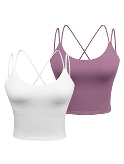 Longline Sports Bra for Women - Strappy Wirefree Removable Pads Yoga Camisole Crop Top 2 Pack