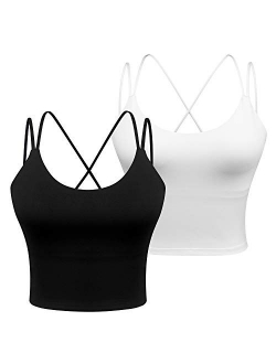 Longline Sports Bra for Women - Strappy Wirefree Removable Pads Yoga Camisole Crop Top 2 Pack