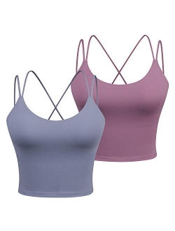 Longline Sports Bra for Women - Strappy Wirefree Removable Pads Yoga Camisole Crop Top 2 Pack