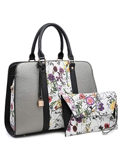 Women Handbag and Purse Two-tone Satchel Bag Top Handle Work Tote Padlock Shoulder Bag Three Compartments