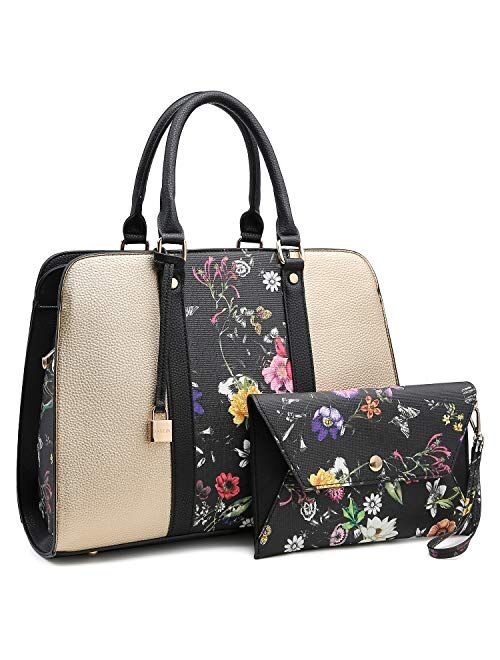 Dasein Women Handbag and Purse Two-tone Satchel Bag Top Handle Work Tote Padlock Shoulder Bag Three Compartments