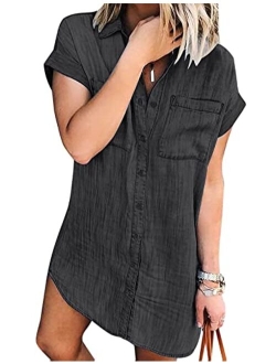 Women Denim Shirt Dresses Short Sleeve Distressed Jean Dress Button Down Casual Tunic Top