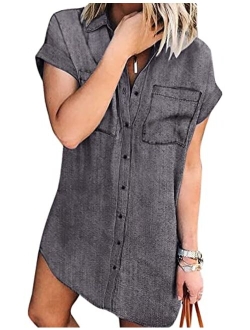 Women Denim Shirt Dresses Short Sleeve Distressed Jean Dress Button Down Casual Tunic Top