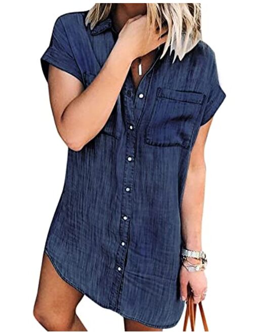 Women Denim Shirt Dresses Short Sleeve Distressed Jean Dress Button Down Casual Tunic Top