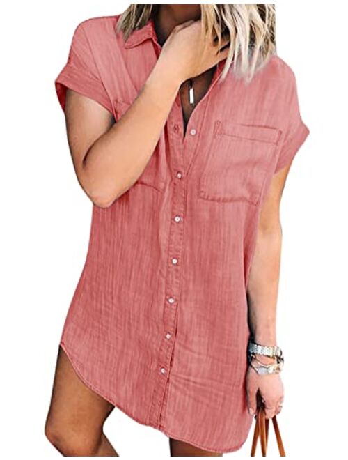 Women Denim Shirt Dresses Short Sleeve Distressed Jean Dress Button Down Casual Tunic Top