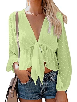 Women's Solid Open Front Tie Knot Crop Top Long Sleeve Deep V Neck Ruffle Chiffon Short Blouse Shirt White