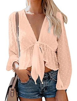 Women's Solid Open Front Tie Knot Crop Top Long Sleeve Deep V Neck Ruffle Chiffon Short Blouse Shirt White