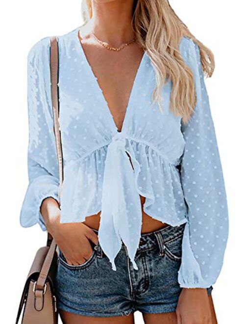 Women's Solid Open Front Tie Knot Crop Top Long Sleeve Deep V Neck Ruffle Chiffon Short Blouse Shirt White