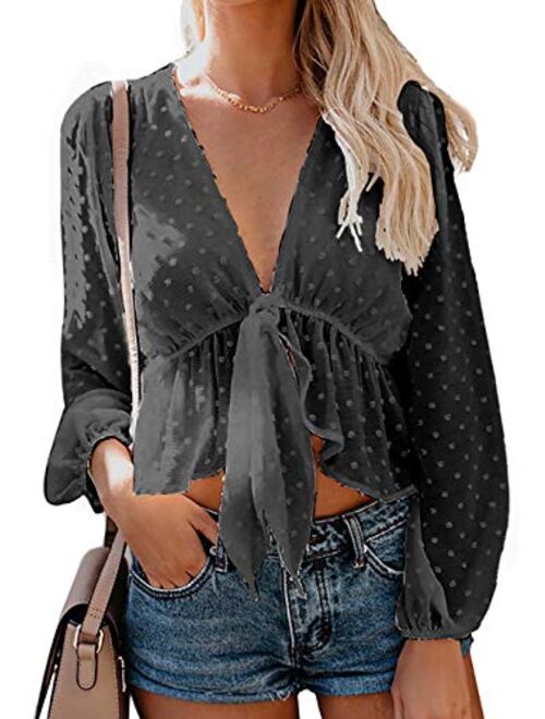 Women's Solid Open Front Tie Knot Crop Top Long Sleeve Deep V Neck Ruffle Chiffon Short Blouse Shirt White