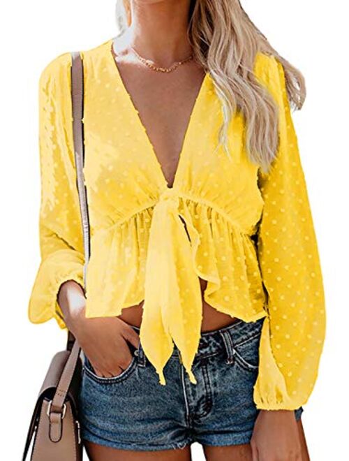 Women's Solid Open Front Tie Knot Crop Top Long Sleeve Deep V Neck Ruffle Chiffon Short Blouse Shirt White