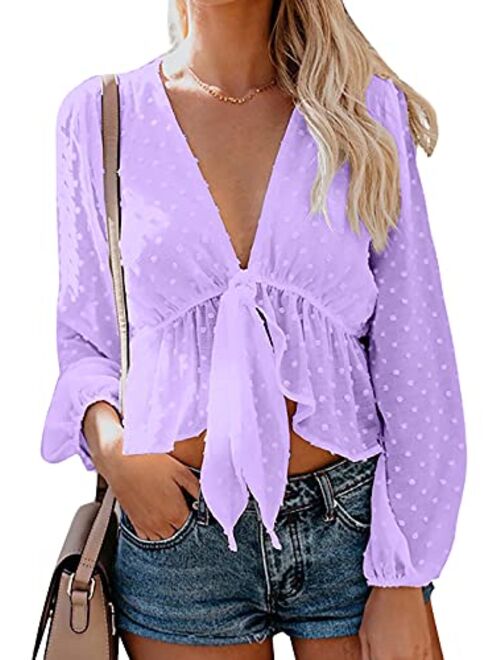 Women's Solid Open Front Tie Knot Crop Top Long Sleeve Deep V Neck Ruffle Chiffon Short Blouse Shirt White