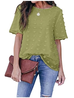 Womens Chiffon Blouse Summer Casual Round Neck Short Sleeve Pom Pom Shirts Top