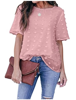 Womens Chiffon Blouse Summer Casual Round Neck Short Sleeve Pom Pom Shirts Top