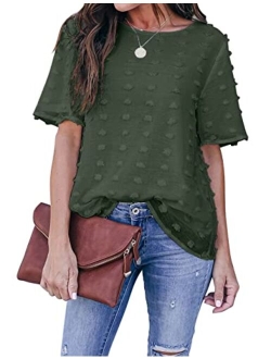 Womens Chiffon Blouse Summer Casual Round Neck Short Sleeve Pom Pom Shirts Top