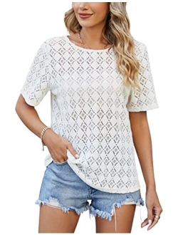 Womens Chiffon Blouse Summer Casual Round Neck Short Sleeve Pom Pom Shirts Top