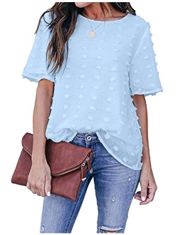 Womens Chiffon Blouse Summer Casual Round Neck Short Sleeve Pom Pom Shirts Top