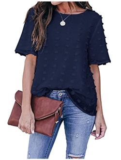 Womens Chiffon Blouse Summer Casual Round Neck Short Sleeve Pom Pom Shirts Top