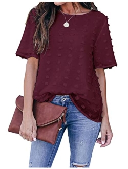 Womens Chiffon Blouse Summer Casual Round Neck Short Sleeve Pom Pom Shirts Top