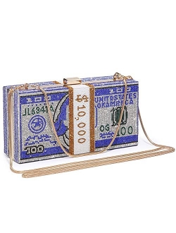 Women Stack of Cash Dollars Clutch Party Purse Crystal Evening Bag Cocktail Prom Handbag w/Rhinestones