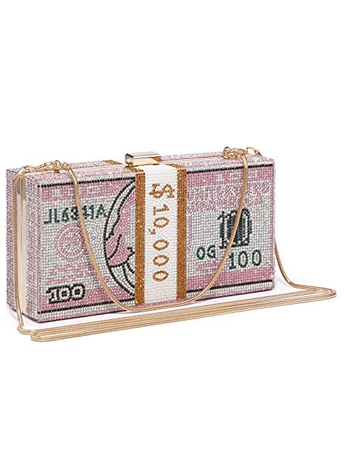 Dasein Women Stack of Cash Dollars Clutch Party Purse Crystal Evening Bag Cocktail Prom Handbag w/Rhinestones