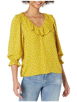 Women's Fluid Twill Long Sleeve V-Neck Ruffle Top