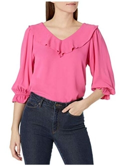 Women's Fluid Twill Long Sleeve V-Neck Ruffle Top