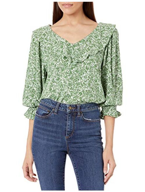 Goodthreads Women's Fluid Twill Long Sleeve V-Neck Ruffle Top