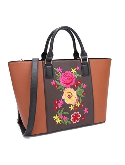 Womens Large Floral Embroidery Tote Handbag Two Tone Top Handle Bag Work Satchel Purse