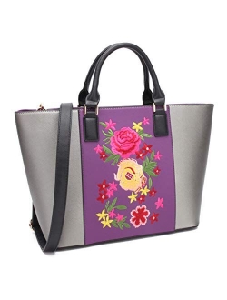 Womens Large Floral Embroidery Tote Handbag Two Tone Top Handle Bag Work Satchel Purse