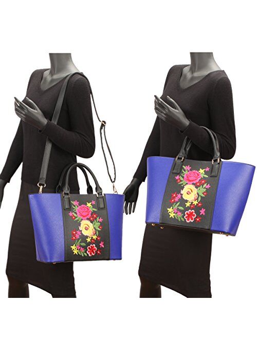 DASEIN Womens Large Floral Embroidery Tote Handbag Two Tone Top Handle Bag Work Satchel Purse