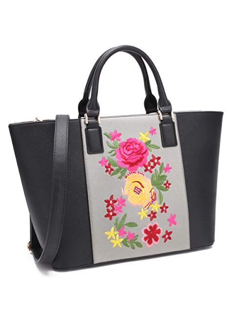 DASEIN Womens Large Floral Embroidery Tote Handbag Two Tone Top Handle Bag Work Satchel Purse