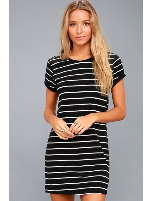 Lulus Cafe Society Black and Cream Striped Shirt Dress