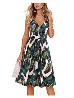 Women's Summer Sexy Deep V Neck Floral Party Dresses with Pocket