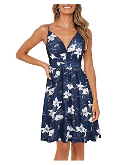 Women's Summer Sexy Deep V Neck Floral Party Dresses with Pocket