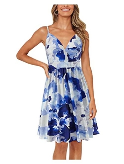 Women's Summer Sexy Deep V Neck Floral Party Dresses with Pocket