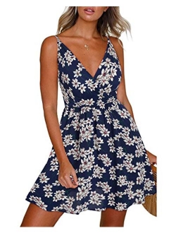 Women's Adjustable Spaghetti Strap Floral Midi Dress V Neck Backless Dress