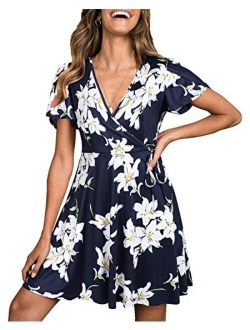 Womens Summer Short Sleeve Floral V Neck Casual Swing Dress