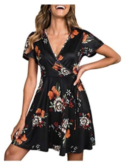 Womens Summer Short Sleeve Floral V Neck Casual Swing Dress