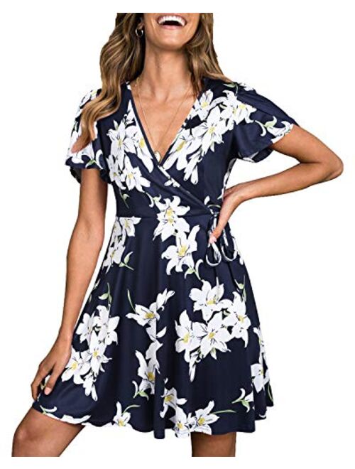 ULTRANICE Womens Summer Short Sleeve Floral V Neck Casual Swing Dress