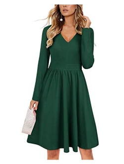 ULTRANICEWomenCasualLongSleeveDressesVNeckSwingDresswithPockets