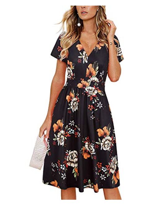 ULTRANICE Women Casual Long Sleeve Dresses V Neck Swing Dress with Pockets