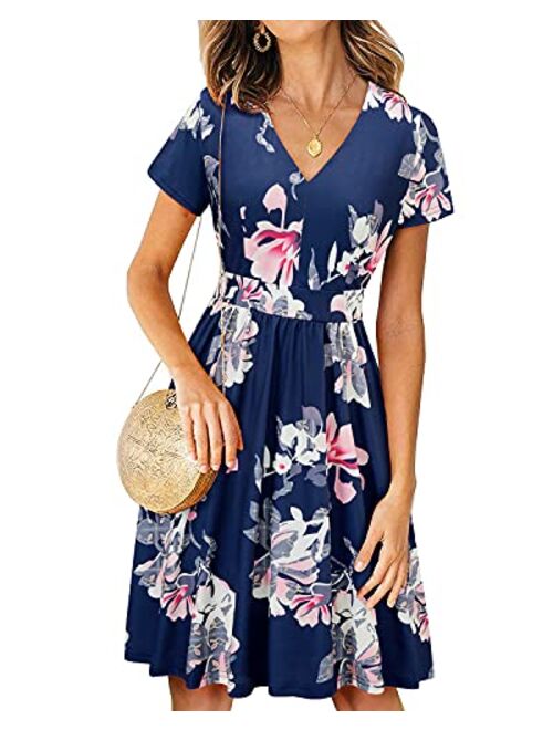 ULTRANICE Women Casual Long Sleeve Dresses V Neck Swing Dress with Pockets