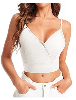 Women's Casual V Neck Front Wrap Crop Cami Top Spaghetti Strap Shirts